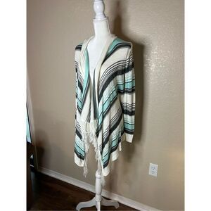Demanding open cardigan sweater Tiffany blue striped with fringe - medium